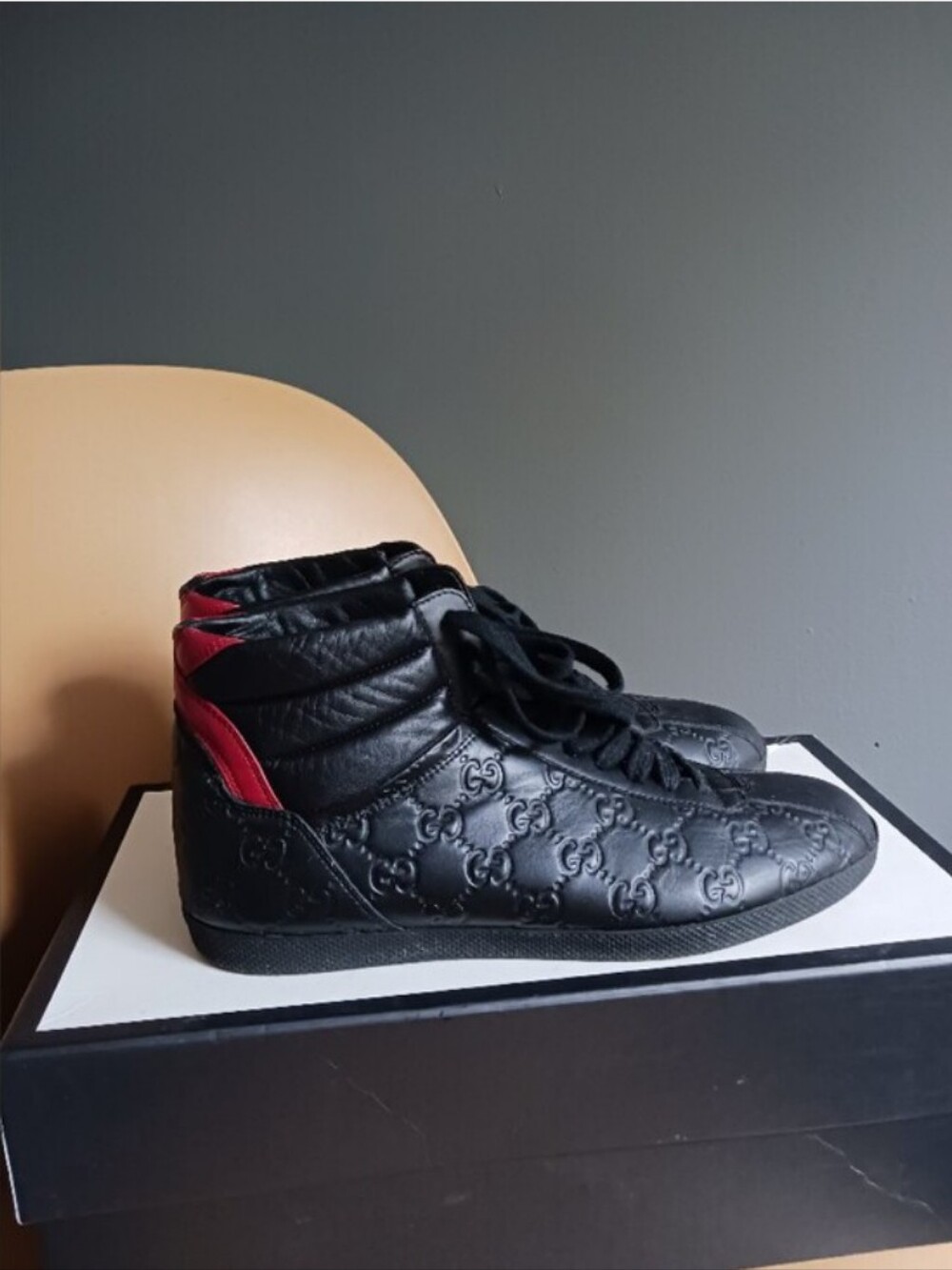 Gucci GG Black Leather High-Top Sneakers with Red Accent, Size 7
